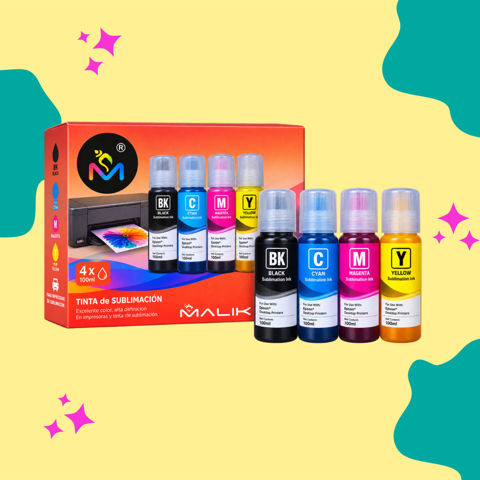  Tintas de sublimación  pack 4 unid 70ml Malik